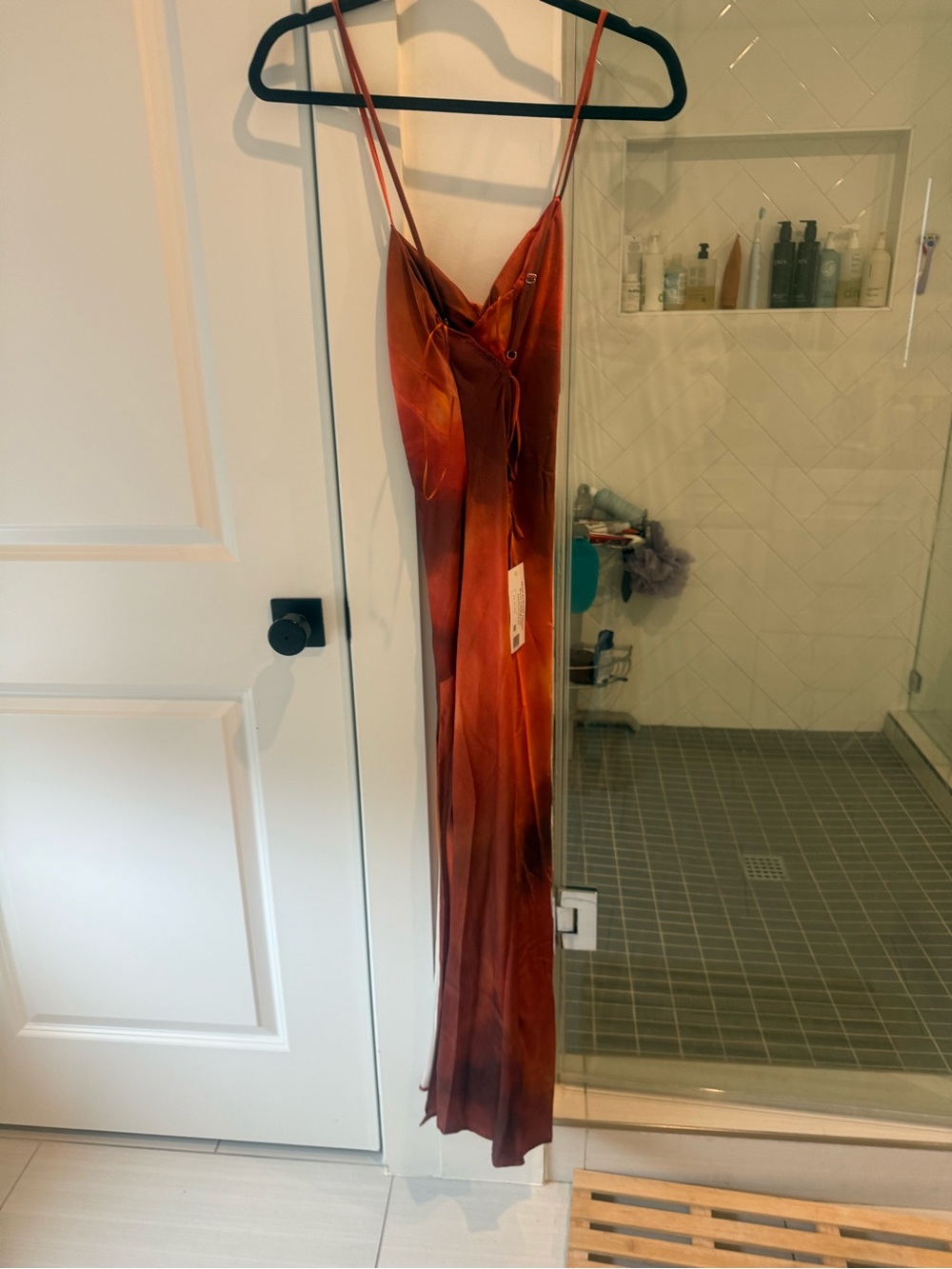 12th Tribe Rust Tie-Dye Satin High-Slit Slip Dress - Picture 3 of 3